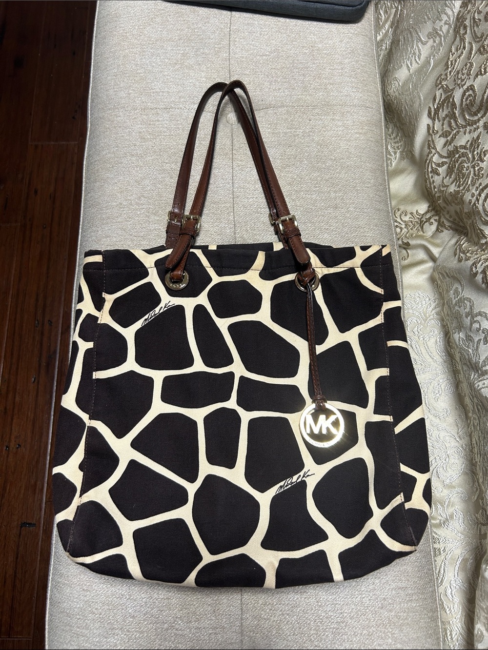 Michael Kors Black and Cream Giraffe-Print Tote with Brown Leather Straps